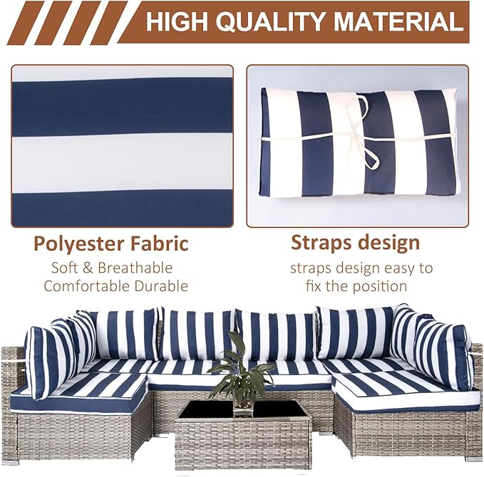 14 Piece Outdoor Patio Cushion Covers Replacement, Waterproof Outdoor Furniture Cushion Covers, Fit 7 Pcs 6 Seater Wicker Rattan Conversation Sofa Set,Blue White Stripes(Only Cover) 25.6x25.6"