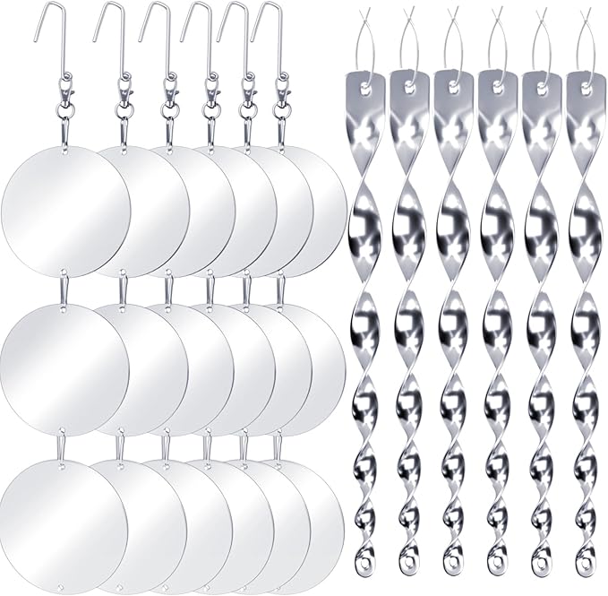 Factee Bird Scare Devices, 3.9 Inch Large 18PCS Reflective Discs Set + 6PCS Bird Scare Rods, Double-Sided Bird Reflectors Keep All Birds Away Woodpeckers Pigeons from Your House Garden Boat