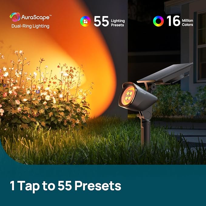 Linkind Smart SL6C Outdoor Lights Solar Powered, Dual-Ring Solar & USB Charging Solar Spotlights Outdoor Waterproof IP66, Color Changing Spot Light for Trees, Yard, Garden, Landscape, 1 Pack