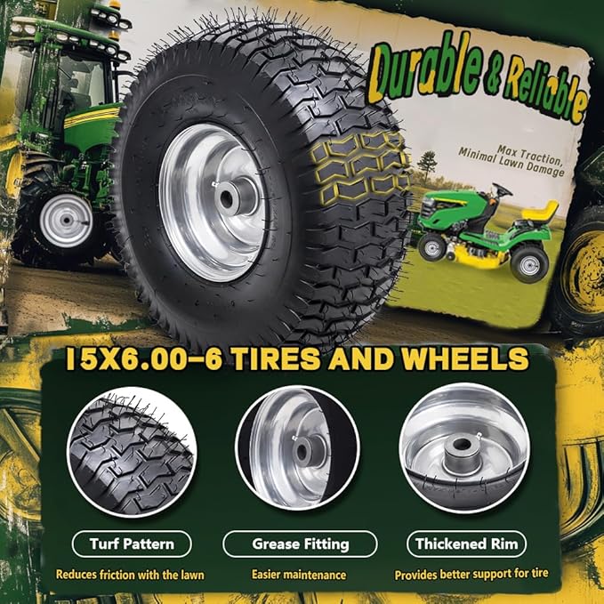15x6.00-6 Tubeless Tire and Wheel Assembly(2 Pack) ，Replacement Riding Lawn Mower Front Tires,Compatible withRiding Mowers and Lawn Tractor, 3" Centered Hub and 3/4" Bushings（Gray)