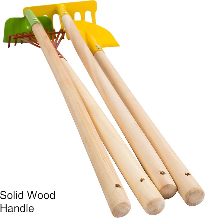 HEY! PLAY! Kids Gardening Set – 4-Piece Mini Garden Tools with Wood Handles – Child-Sized Shovel, Rake, Hoe, and Tined Hoe – Outdoor Toys for Children