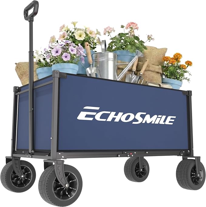 EchoSmile Collapsible Wagon Cart for Camping & Beach - Heavy Duty 400lbs Capacity All-Terrain Cart with Wide Wheels, Portable Folding Utility Wagon for Grocery, Garden, Sports,Blue&Orange