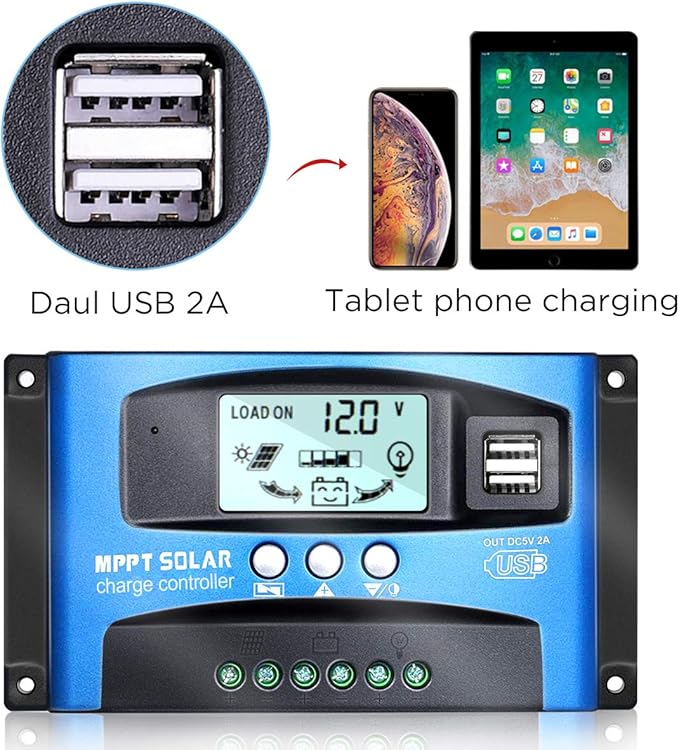 MPPT Solar Charge Controller 40A 12V/24V Auto Solar Panel Intelligent Regulator with Dual USB Port LCD Display for Lead Acid Batteries
