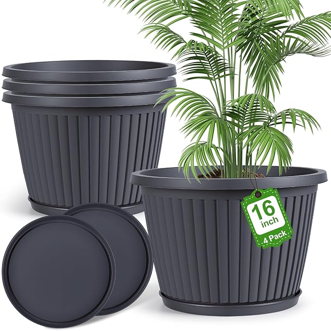 16-inch-Large-Planters-for-Outdoor-Plant，Plastic Indoor Flower Pots with Drainage Holes & Saucer，4 Packs Decorative Garden Pots for Plantfor Home Porch Decor