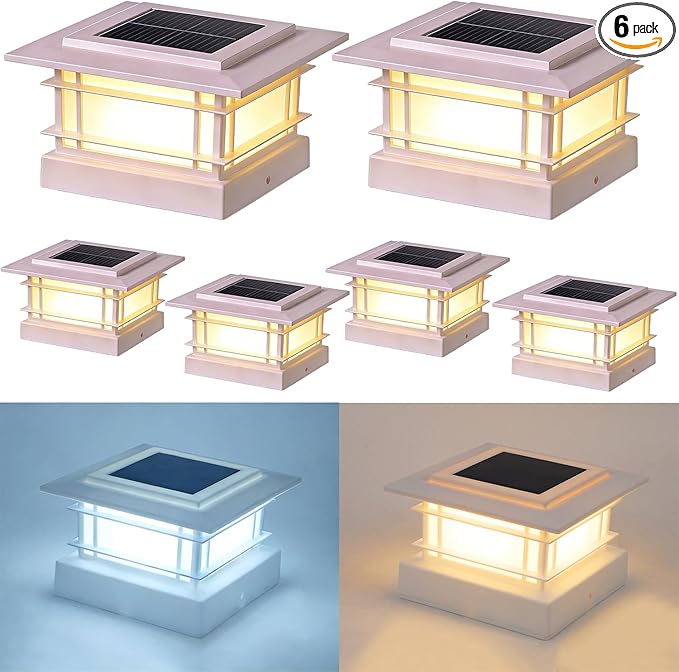 Dynaming 4x4 Solar Post Cap Lights Outdoor with 2 Color Modes, Fence Post Solar Lights White Shell Fit for Vinyl/Wooden Posts, High Brightness SMD LED Lighting Decor for Garden Deck Patio, 6 Pack