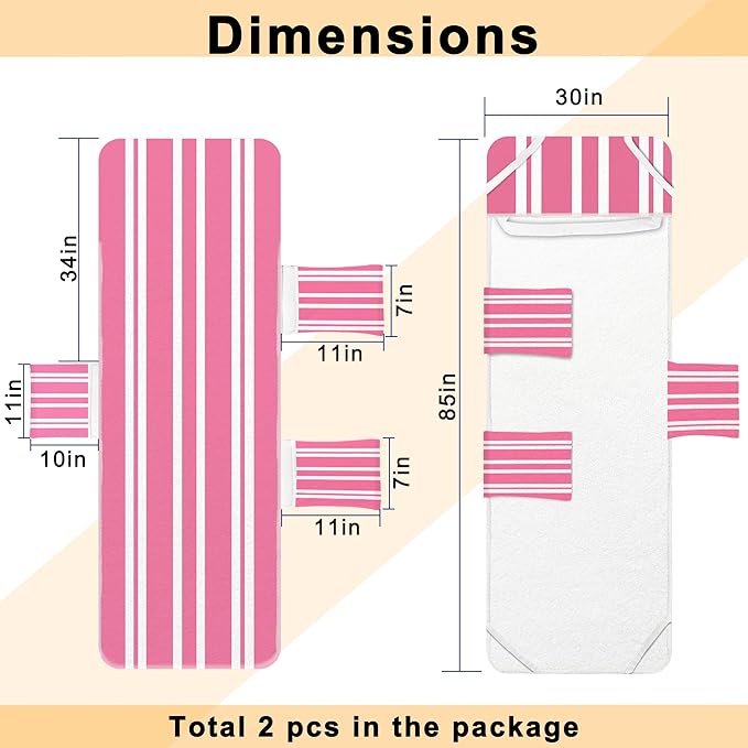 Lounge Chair Towel Cover, Beach Chair Covers (Pack of 2), Chaise Lounge Cover with 3 Pockets for Pool Beach Garden Courtyard Outdoor Trips, 85 x30 in, Striped Pink