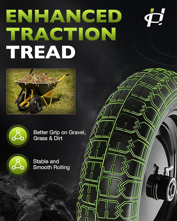 4.80/4.00-8 wheelbarrow tire, 14.5" Flat Free Solid Tire and Wheel, 3" Centered Hub, 5/8" & 3/4" Bearings, Universal Replacement for Garden Carts Wagon Wheel Barrow, 2 Pack