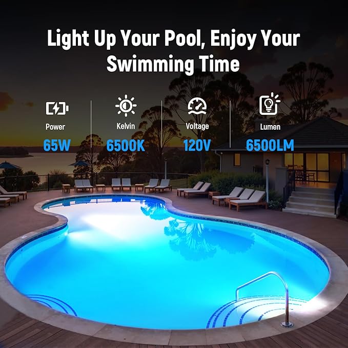 LED Pool Light for Inground Pool 120V 65W PRO, White Light 6500K with 6500lm High Brightness, Replace 300-800W Halogen Light