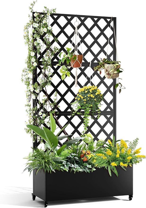 Metal Raised Garden Bed, 72" H x 47" W Privacy Planter Box with Trellis and Wheels, Hook, Freestanding Privacy Planter Box for Climbing Plants, Vegetables & Vines, Drainage Holes