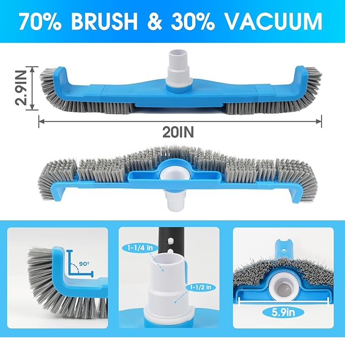 TidyMister 20" 2 in 1 Pool Brush Vacuum Head with Swivel Hose Connection & Sturdy Nylon Bristles for Heavy Duty Inground & Above- Ground Pool Cleaning - Connecting 1-1/4" or 1-1/2" Hose (No Pole)