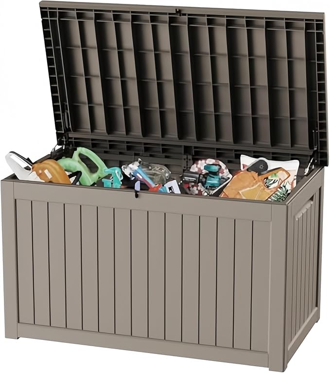 230 Gallon Deck Box, Waterproof Resin Outdoor Storage Box with Lockable Lid, Patio Storage Box with Fade Resistant for Patio Furniture Cushions, Pool Accessories, Garden Tools, Light Coffee
