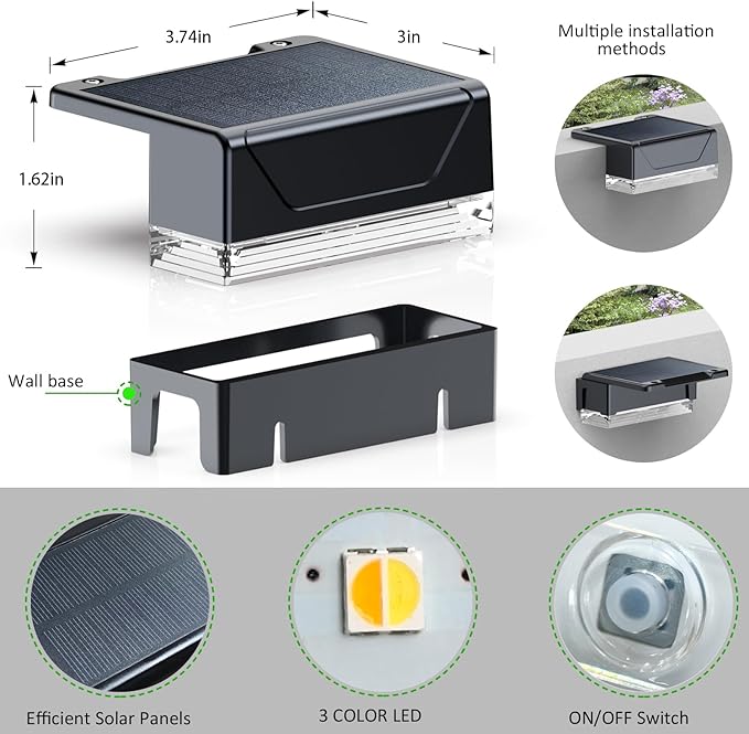 LIANGLOME 2PK Solar Fence Lights Outdoor - 3000/4000/6000K 3 Mode, IP65 Waterproof Fence Lights Solar Powered, Dusk to Dawn Solar Light for Outside, Backyard/Step/Patio/Deck/Stair Railings and Wall