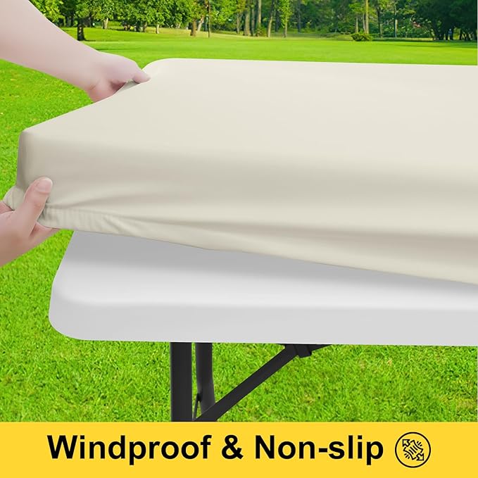 Smiry Picnic Table Cover with Bench Covers, Waterproof Elastic Fitted Polyester Tablecloths for 5 Ft Rectangle Tables, Washable Windproof Tablecloth for Camping, RV & Outdoor (Beige, 30x60 Inches)