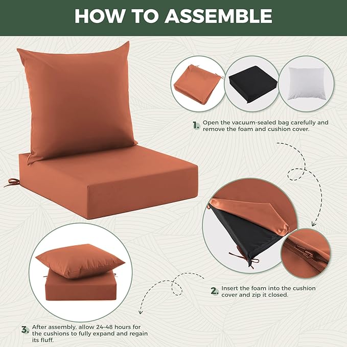 Outdoor Cushions for Patio Furniture, Outdoor Seat Cushion Set 24 x 24 x 4 Inch, Waterproof & Fade Resistant Outdoor Chair Cushions, Deep Patio Chair Cushion with Removable Cover, Spice