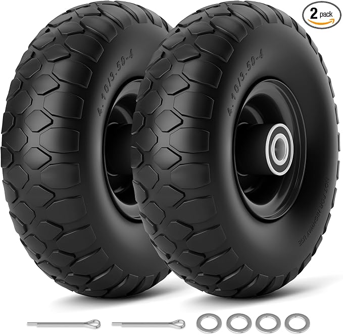 RONPOW 4.10/3.50-4 Flat Free Tire, 10 Inch Solid Tires, 500Lb Heavy Duty Replacement Wheel with 5/8" Bearings, Compatible with gorilla Cart, Garden Carts, Dump Wagons, Dolly & Hand Trucks, 2Pack Black