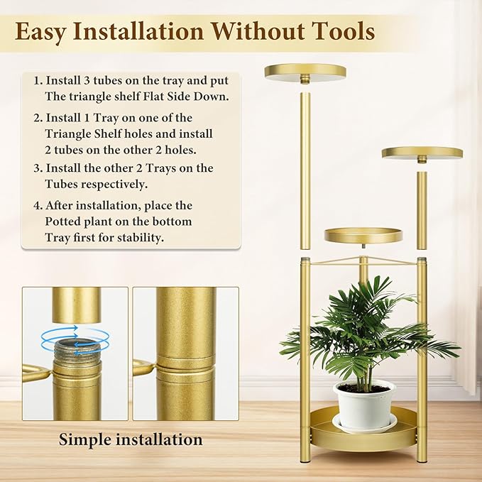 Matekxy Metal Plant Stand Indoor Outdoor 4-Tiper with 4 Flower Pot Holders Corner Tall Plant Shelves Multiplel Foldable Planter Rack Display Shelves for Livingroom, Bedroom, Office - Gold