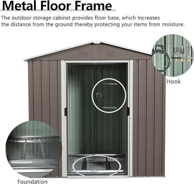 YOPTO 6 x 5 Feet Outdoor Metal Storage Shed, Utility Tool Storage House with Air Vent, Latch Double Doors & Floor Base, Weatherproof Garden Sheds, for Backyard Patio Lawn, Gray