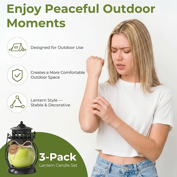 Citronella Candles Outdoor 3 Pack, DEET-Free Soy Wax Candles with Upgraded Metal Lantern Design, Long Burning Lemongrass Candles for Patio, Garden & Backyard Decor