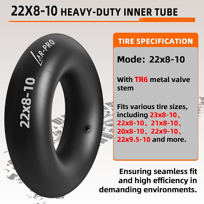 AR-PRO Relacement 22x8-10, 22x9-10 Inner Tubes for ATV, Lawn Tractor, Mowers, Golf Cart, Snow Blowers, and More - with TR6 Straight Metal Valve Stems - Made from Durable Butyl Rubber (2-Pack)