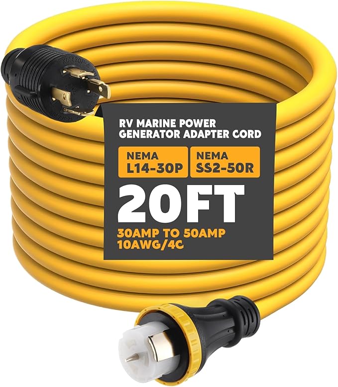 Tellegloww 20FT NEMA L14-30P to SS2-50R RV Marine Power Generator Adapter Cord, 30A 4 Prong Locking Generator L14-30P Male to 50A Marine Shore Power SS2-50R Female with Locking Ring 125V/250V