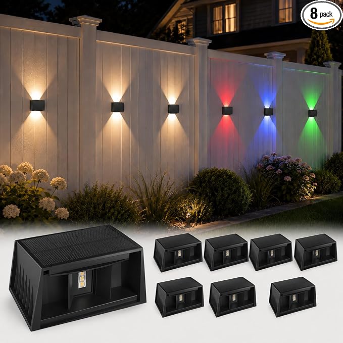 T-SUN Solar Fence Lights Outdoor, 8 Pack RGB Up and Down Decorative Solar Wall Lights with Adjustable Beam Angle, Color Changing & IP65 Waterproof Solar Wall Sconce for Patio Porch Yard Deck Stairs