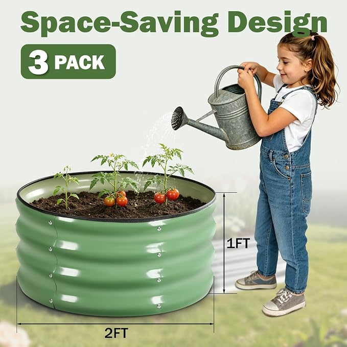 3 PCS Round Raised Garden Bed 2x2x1 ft, Metal Outdoor Planter Box Kit with Safety Rubber Edge, Easy Assemble Bottomless Small Planting Container for Vegetable, Flower, Fruit, Green