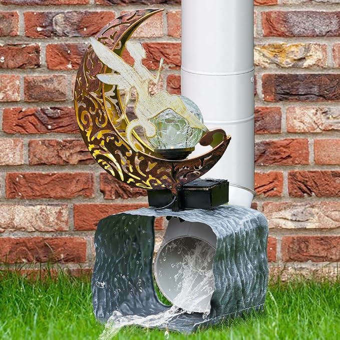 Metal Fairy Gutter Downspout Extensions with Solar Powered Glass Cracking Ball, Outdoor Waterproof Splash Block Sculpture Solar Garden Decor for Yard, Lawn