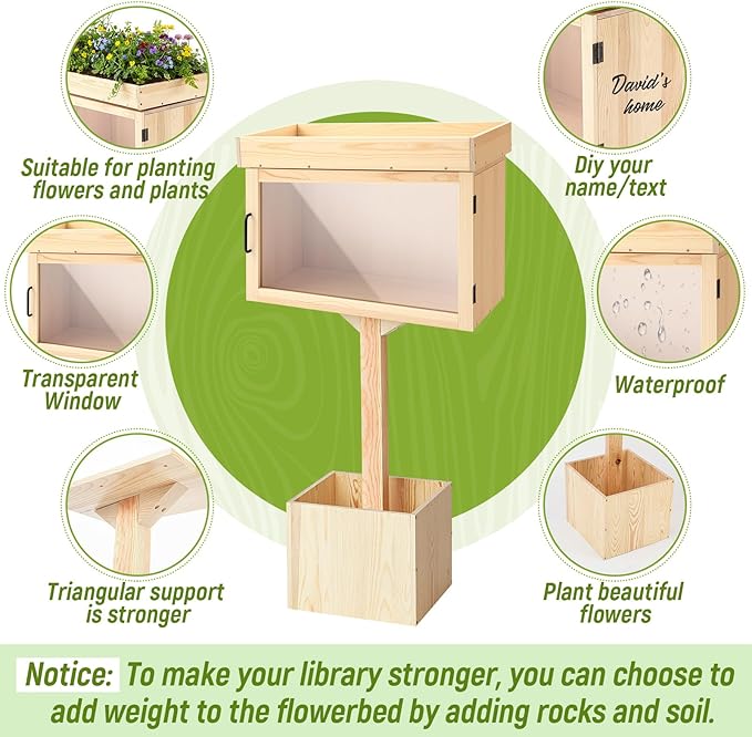 Wonderjune Wooden Little Library Box Outdoor Free Library Box Storage with Floor Plugs and Small Flower Fence for DIY, Neighborhoods, Community, Schools Sharing Books, Newspapers