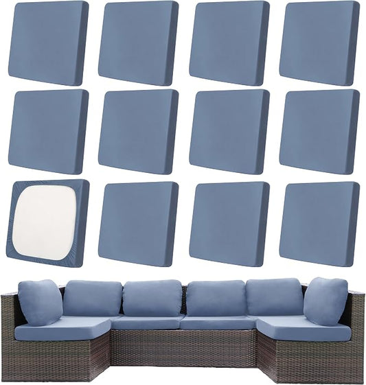 12Pcs Patio Cushion Covers,Outdoor Cushions Covers,Stretch Cushion Covers Replacement, Washable and Reusable Furniture Protectors(Grey Blue)