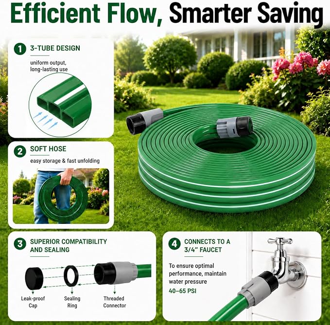 MIXC Reinforced Sprinkler Hose with Holes, 100FT (25FT×4 Pack) No-Kink Heavy Duty Flat Sprinkler Soaker Hose with Stakes & Splitters, Drip Irrigation Garden Hose for Lawn, Yard, Vegetable & Flower Bed