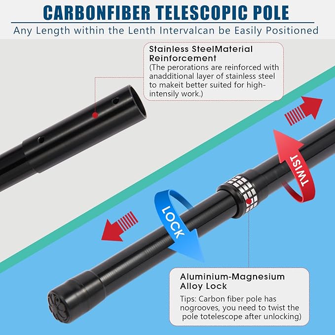 Carbon fiber pool pole, 4-section telescopic 15 foot, lightweight and easy to grip adjustable cleaning pole, used for pool cleaning, connected to fishing net, rake, brush, vacuum head cleaning (15FT)