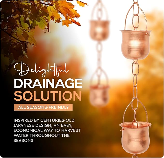Copper Rain Chain – Decorative Chimes & Cups Replace Gutter Downspout & Divert Water Away from Home for Stunning Fountain Display – for Universal Fit
