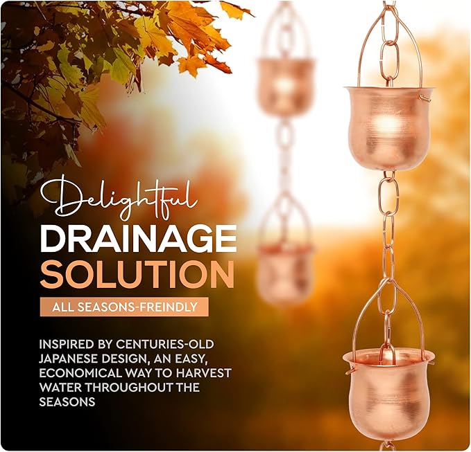 Copper Rain Chain – Decorative Chimes & Cups Replace Gutter Downspout & Divert Water Away from Home for Stunning Fountain Display – for Universal Fit