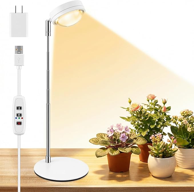Plant Grow Light, Full Spectrum Grow Lights LED Spotlight with Metal Base, Desk Plant Growing Lamps with Auto On Off Timer 3/9/12H, 6 Brightness Levels, 9.8-25.6'' Adjustable Height