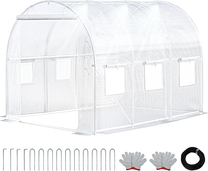 KANAGAWA 10'x7'x 7' Walk-in Tunnel Greenhouse with Watering System Heavy Duty Portable Green House Protect Gardening Plants 1 Zipper Mesh Door, 6 Roll-up Windows, Thickened galvanised Steel,White