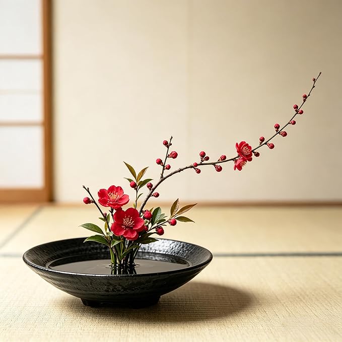 6.7inch Japanese Ikebana Vase Kit Floral Frog Bowl Flower Container with Kenzan - 1.57inch Black Flower Frog, 6.7inch Bowl Vase