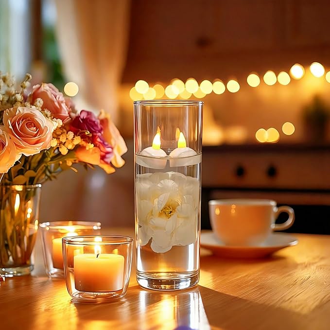 24 Pack Flameless Floating Candles and Floating Artificial Flower Led Battery Operated Waterproof Tea Lights for Vases Centerpieces at Wedding, Party, Pool Decor Champagne