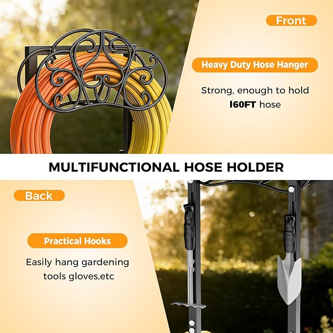 Garden Hose Holder Heavy-Duty Freestanding Water Hose Holder Holds 160Ft Hoses with 2 Tool Hooks, Rustproof Freestanding Hose Stand with 4 Spikes Hose Hanger Storage Rack for Outside, Yard, Lawn