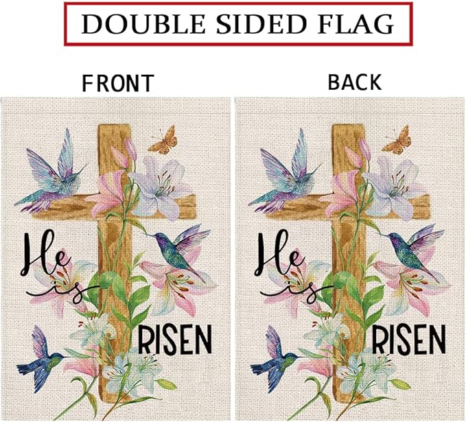 Easter Garden Flag Religious Cross Christian He is Risen Flower 12.5 x 18 Inch Burlap Double Sided Vertical Holiday Seasonal Spring Farmhouse Yard Outdoor Decorations