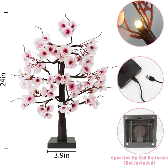 Uieke 2PACK 24IN Lighted Cherry Blossom Tree 48 Warm White LED Tabletop Artifical Bonsai Tree with Timer Battery/USB Operated for Wedding Party Spring Home Indoor Japanese Room Decor
