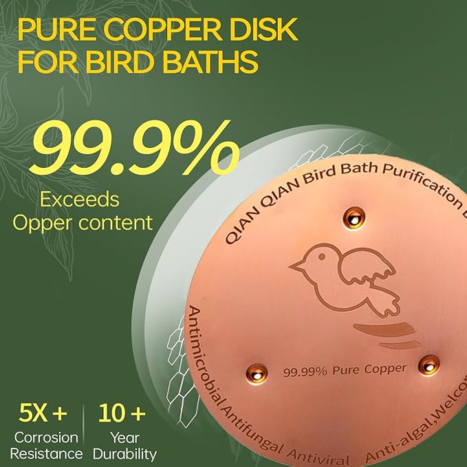 QIANQIANBird Bath Copper Disk, 0.6mm Reinforced 99.99% Pure Copper Cleaning Disk for Physical Safe Clean Water All-Season, Universal Fit for Outdoor Birdbaths, Bowl, Bird Bath Solar,2-Pack
