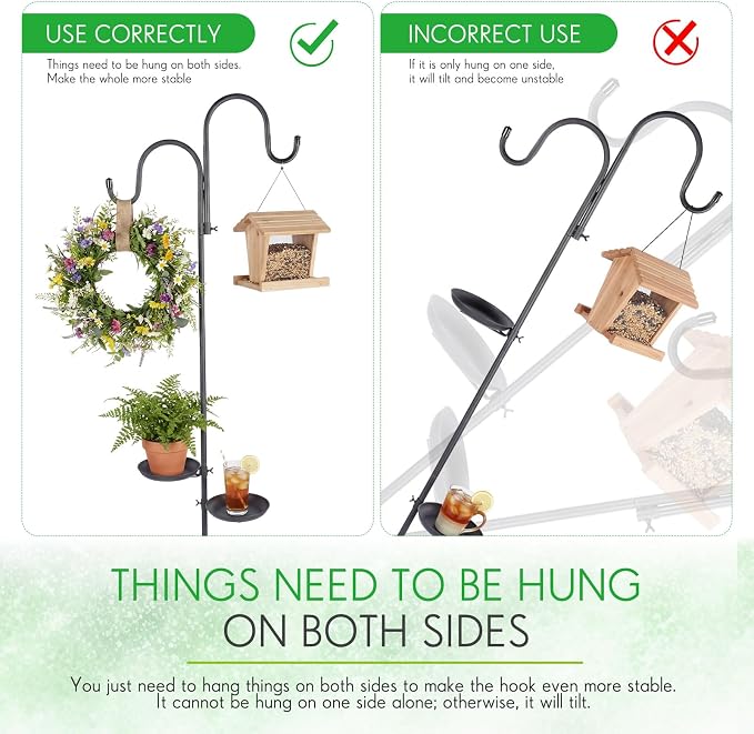 1 Set Upgraded 75.9" Shepherds Hook for Bird Feeder, Hanging Plant Wind Chime Stand, Metal Adjustable Standing Pole Holder for Indoor Outdoor, with 2 Rack & Weight Bag (Classic 2 Hooks)