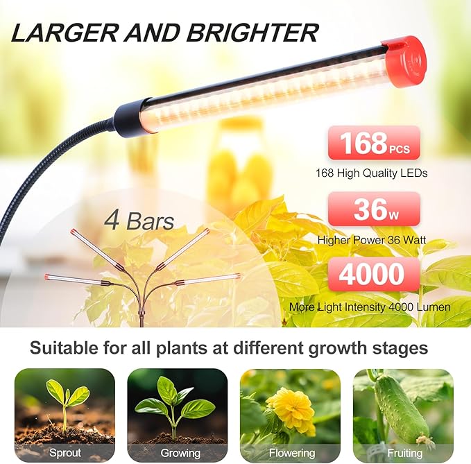 FECiDA 2026 4Head Table Top Grow Lights for Seed Starting, Indoor Plants, Bonsai, 36 Watt Power Draw, NO Need Adapter, 4/8/12/16/20H Timer, 16"-24" Height Adjustable