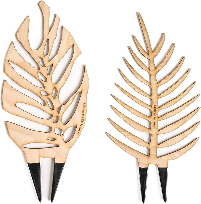 Treleaf Bare™ Bundle – Monstrella + Palmella - Set of 2 Wooden Plant Trellises for Indoor Climbing Houseplants – 12” Tall Customizable Leaf-Shaped Plant Supports