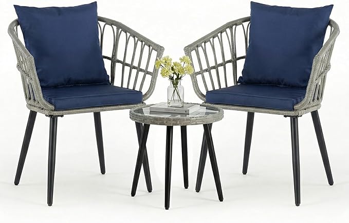 DUMOS 3 Pieces Outdoor Bistro Set, All-Weather PE Rattan Patio Furniture Set with Cushions, Steel Frame Table and Chairs for Balcony, Apartment, Porch, Grey