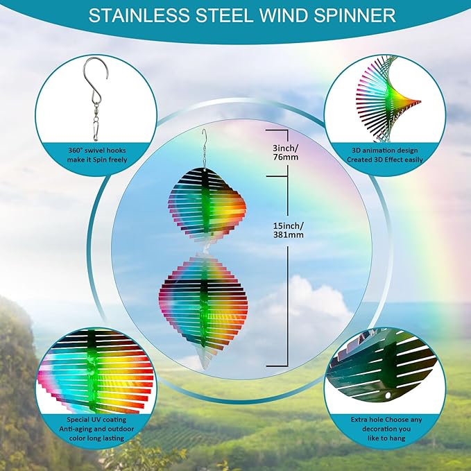 Aoedelyart Wind Spinner Rainbow Wave Wind Spinners for Yard and Garden,15in Hanging Kinetic Yard Art Wind Sculpture,3D Wind Spinners Outdoor & Indoor Rainbow Helix Garden Decor Christmas Ornaments