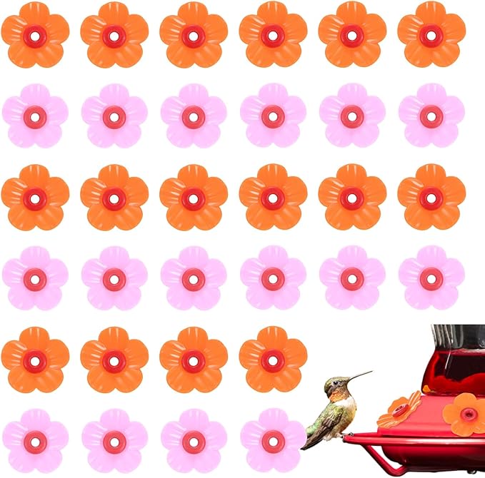 M METERXITY 32-Pack Hummingbird Feeder Replacement Flowers, Plastic Pet Hummingbird Feeding Parts Feeding Ports for Outdoor Hanging Feeders, Bees Guards [Rose Pink, Orange]