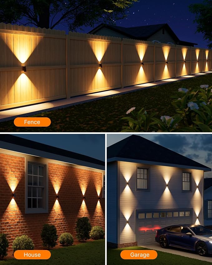 8 Pack Solar Powered Fence Lights Outdoor Waterproof Wall Mount Up and Down LED Decorative Lamps for Outside Patio, House, Backyard, Porch, Deck, Garden with Bright Lens Easy to Install (Warm White)