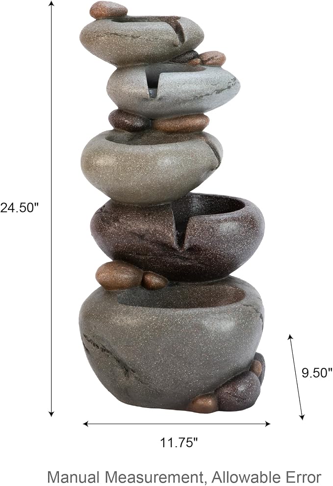 Glitzhome Water Fountain Outdoor, 5-Tiered Stacked Pebbles Outdoor Fountain with LED Lights and Pump, 24.5" H Zen Style Polyresin Waterfall Fountain Water Feature for Garden, Yard, Patio, Porch Decor