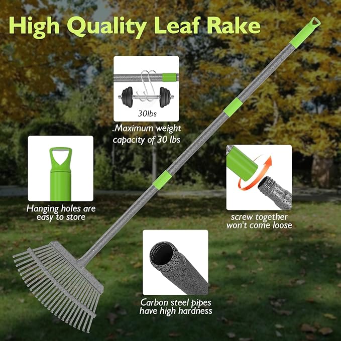 GARDENWORK Leaf Rake for Leaves,36-73" Long Garden Rake,25 &11 Tines Heavy Duty Leaf Rake for Lawns,Adjustable Stainless Steel Handle,Yards, Grass, Garbage, Weeds, Debris